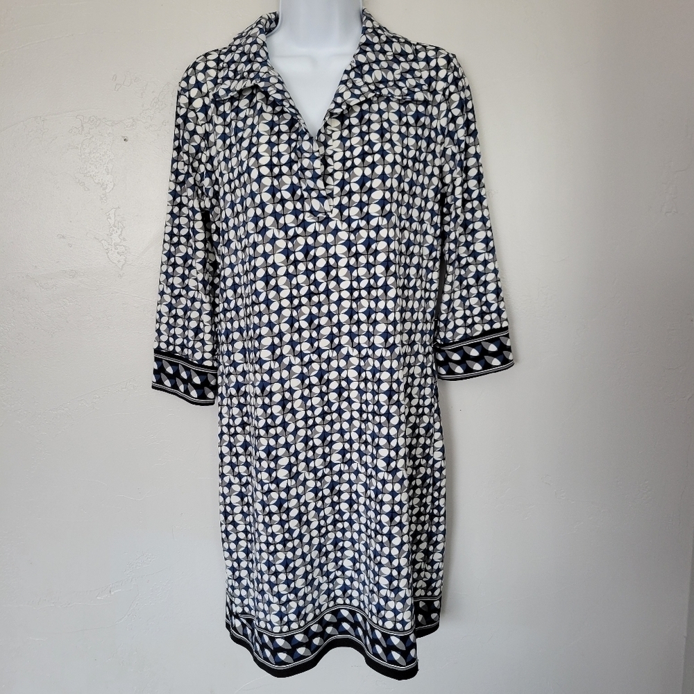 Max Studio Women's Small Quarter Sleeve Shift Dress Blue Grey White Pattern